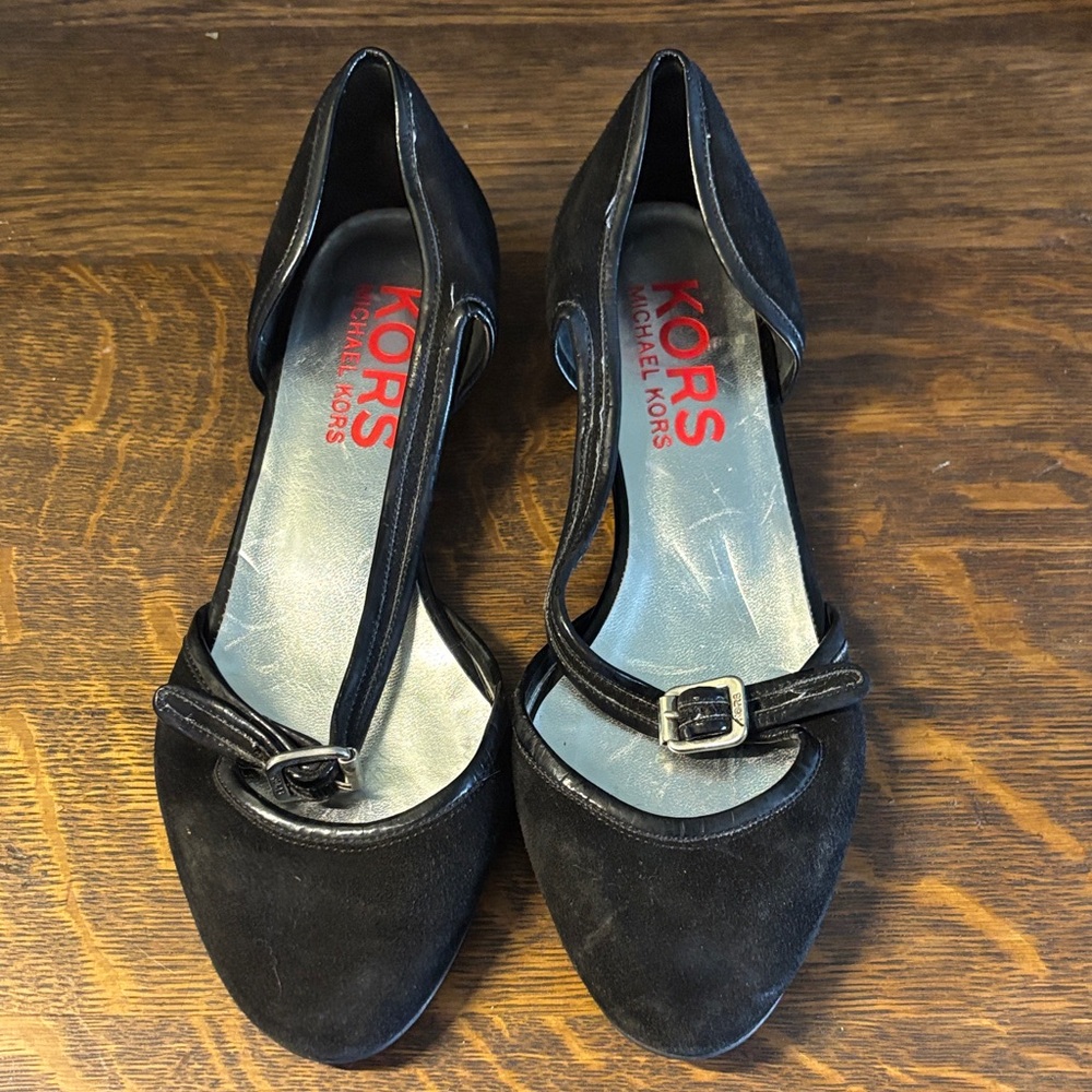 Michael Kors Black Suede Mary Jane Flats with Buckle Strap